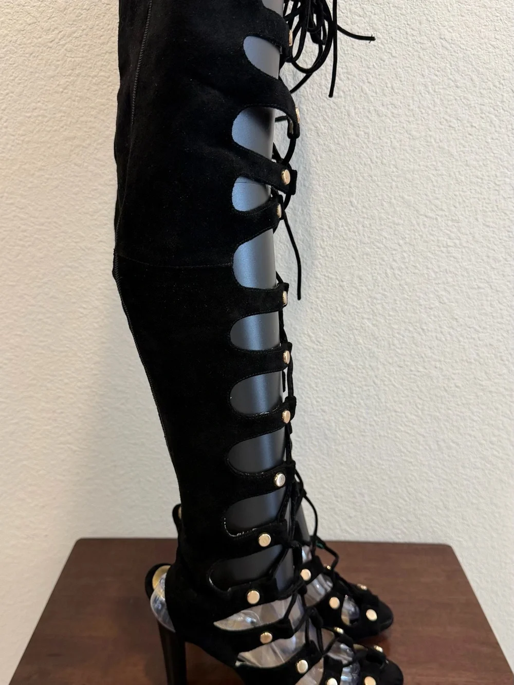 Suede Black Lace-Up Over-the-Knee Gladiator Heels